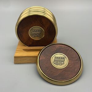 1988 Olympics BTS Group Brass Leather Drink Coasters Set of 4